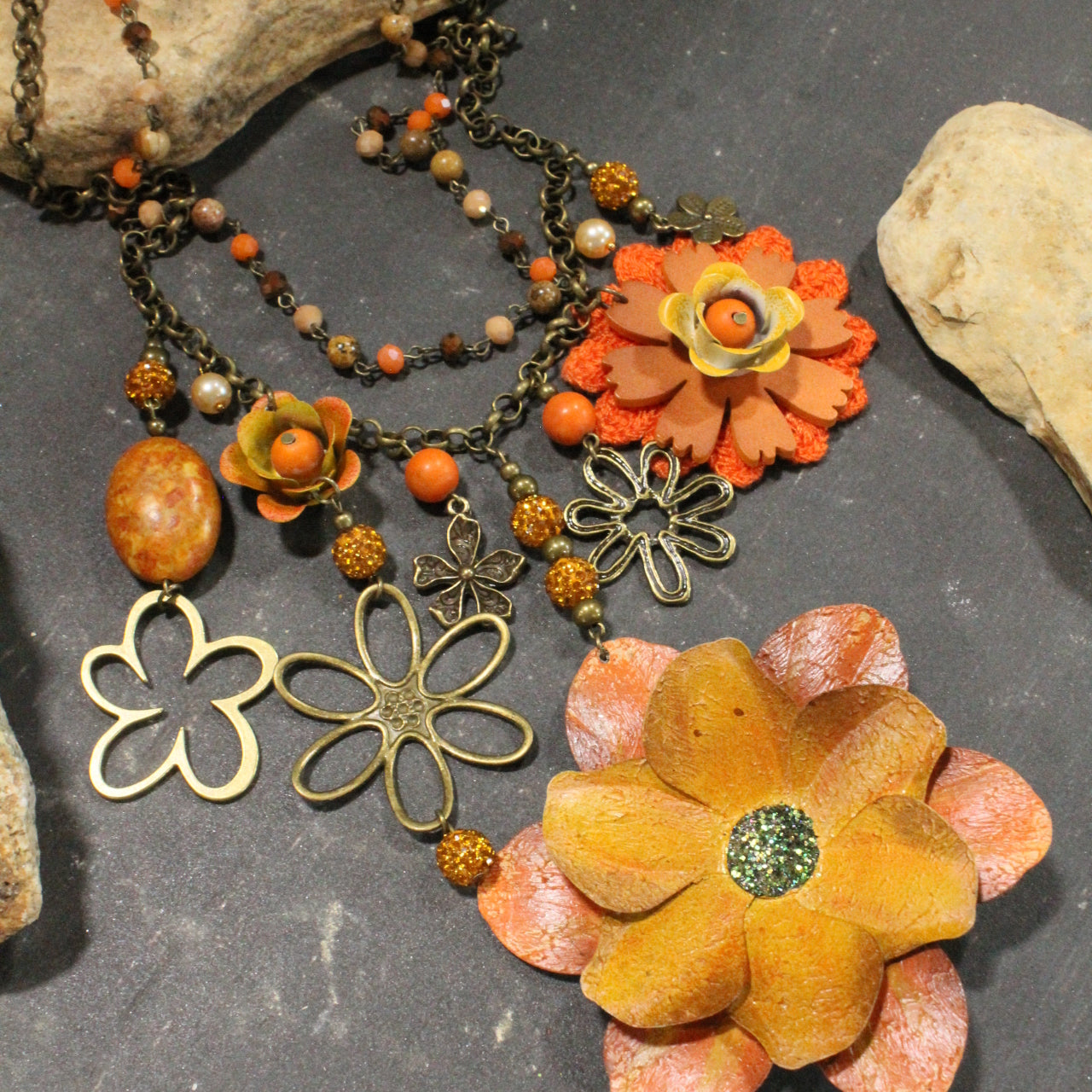 Color Explosion Orange Flower Charm'd Necklace