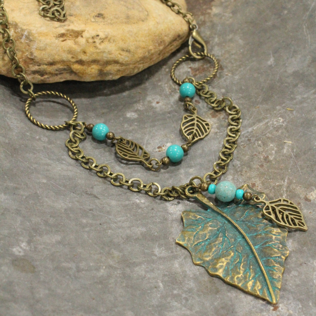 Bronze & Turquoise Fall Leaf Drop Necklace