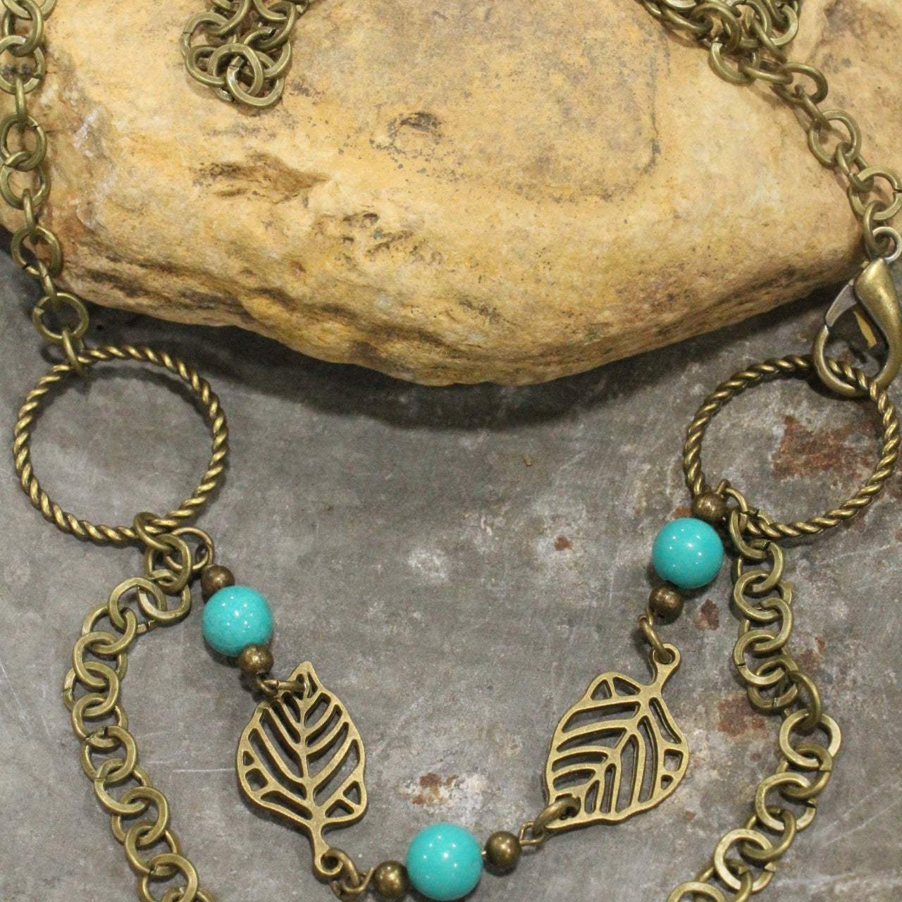 Bronze & Turquoise Fall Leaf Drop Necklace