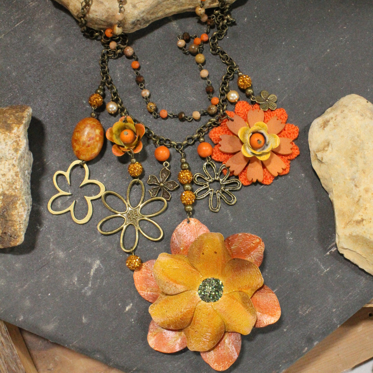Color Explosion Orange Flower Charm'd Necklace