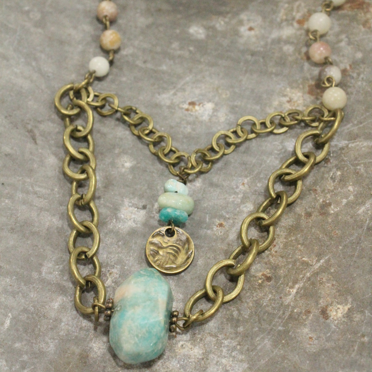 Amazonite & Coin Layered Drop Stone Necklace