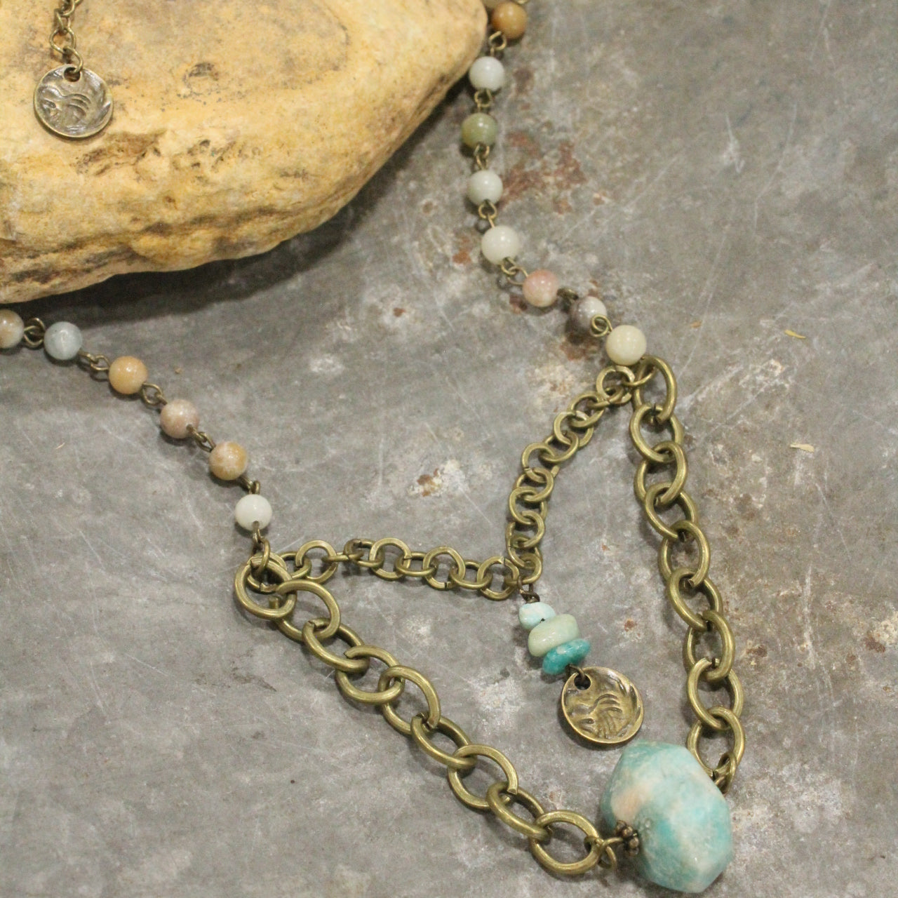 Amazonite & Coin Layered Drop Stone Necklace