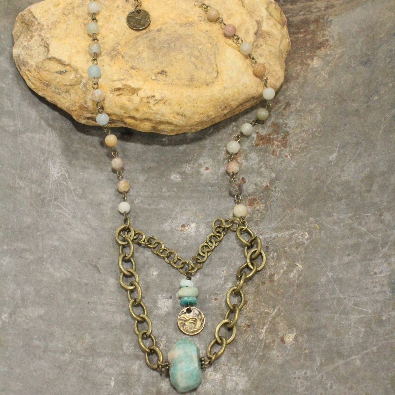 Amazonite & Coin Layered Drop Stone Necklace