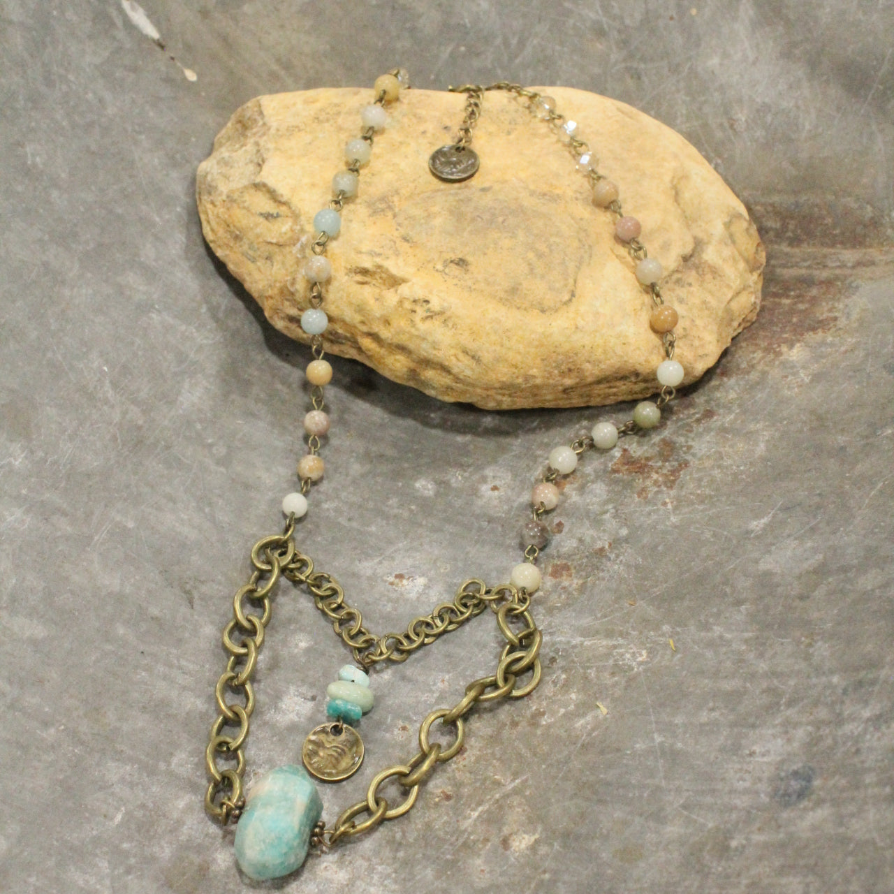 Amazonite & Coin Layered Drop Stone Necklace