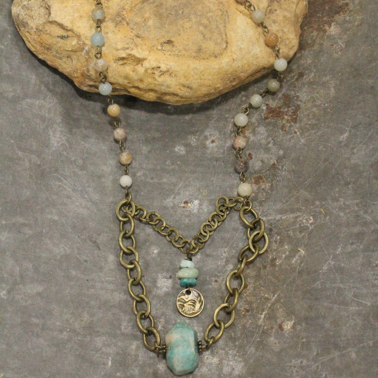 Amazonite & Coin Layered Drop Stone Necklace