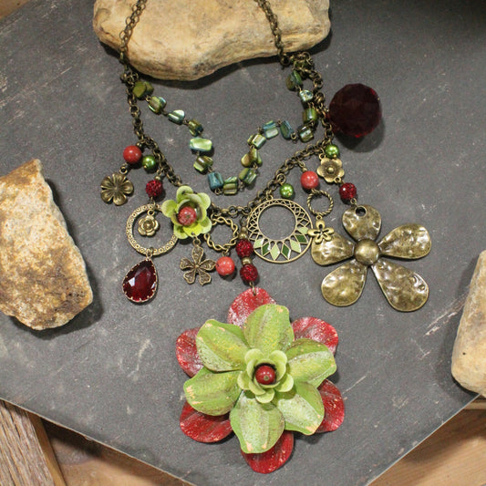 Color Explosion Burnt Red Flower Charm'd Necklace