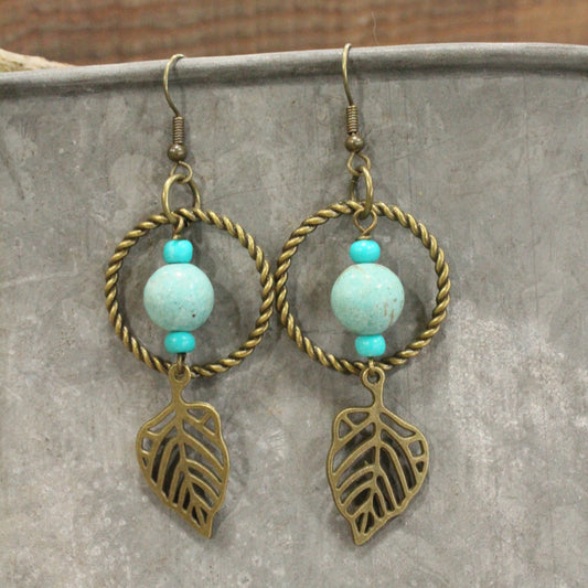 Bronze & Turquoise Fall Leaf Drop Earrings