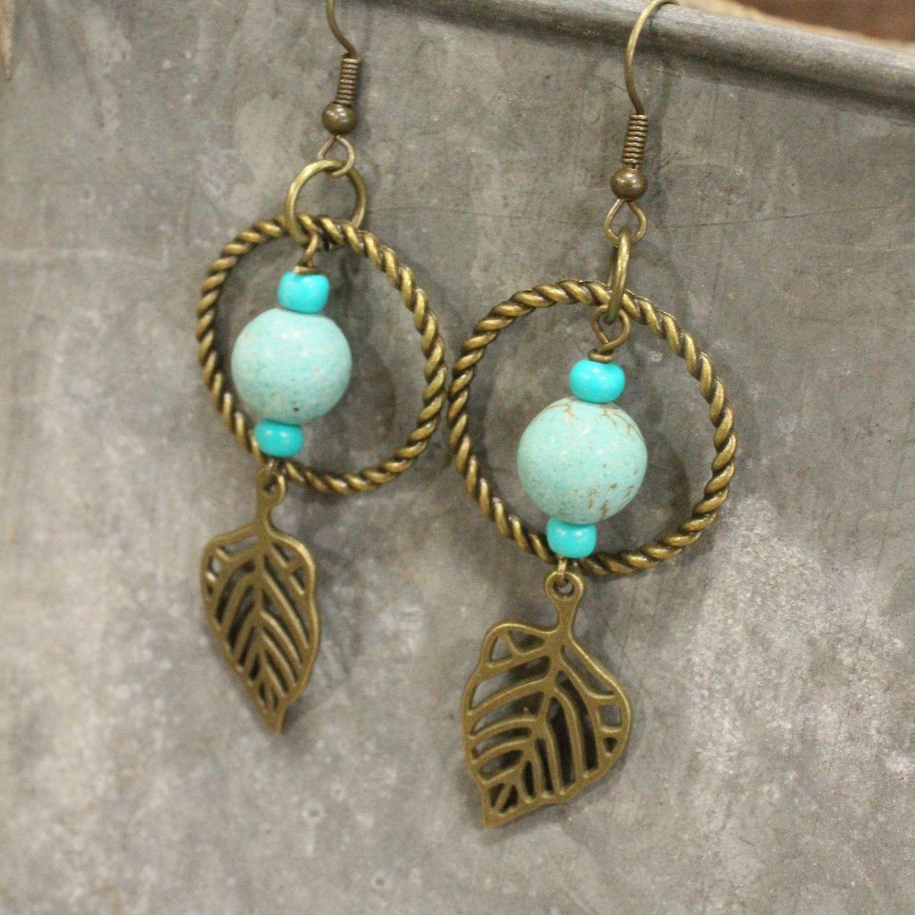 Bronze & Turquoise Fall Leaf Drop Earrings