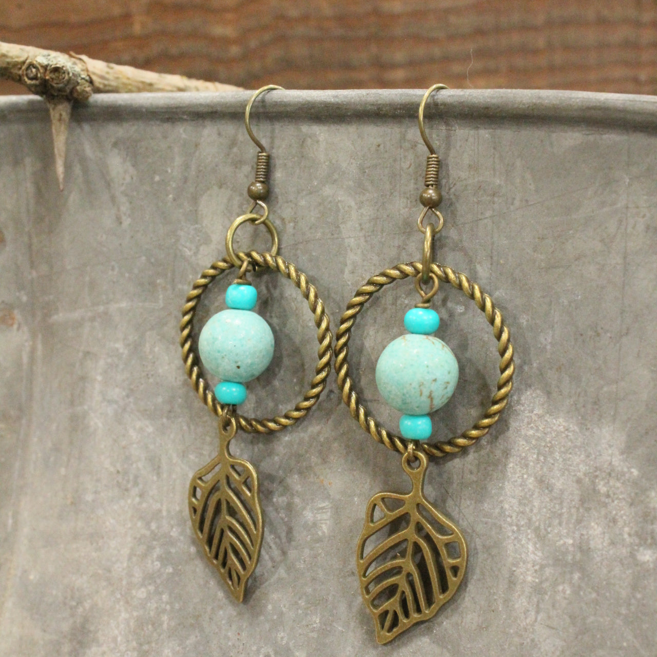 Bronze & Turquoise Fall Leaf Drop Earrings