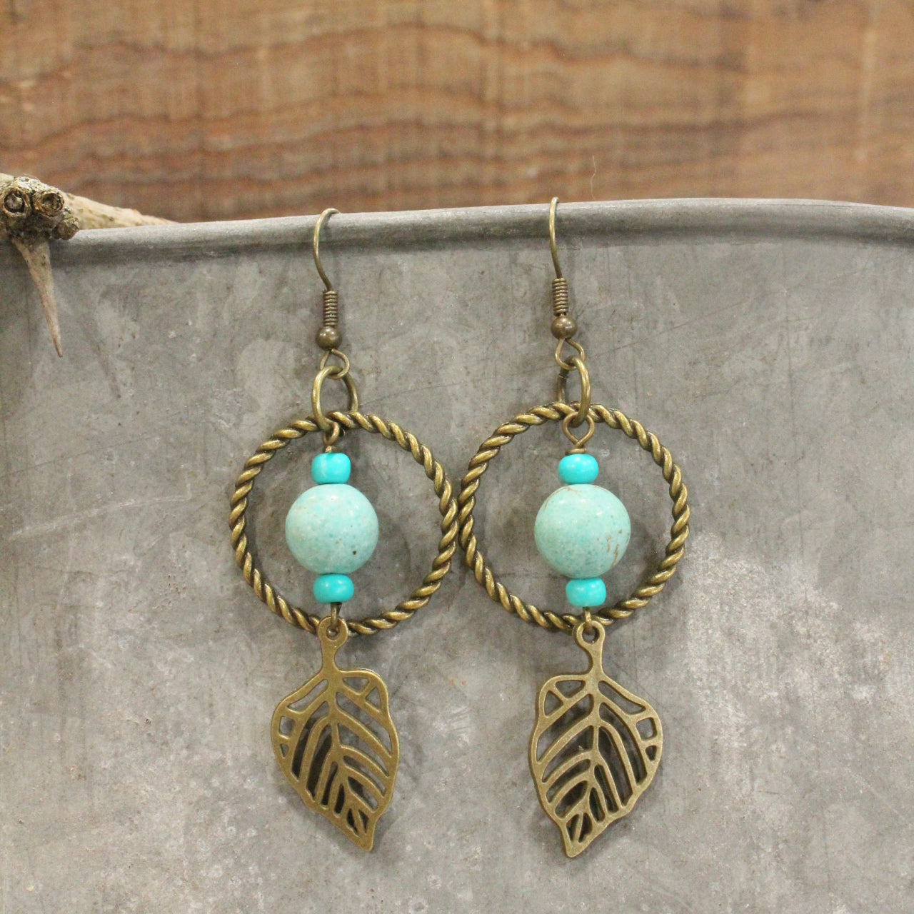 Bronze & Turquoise Fall Leaf Drop Earrings