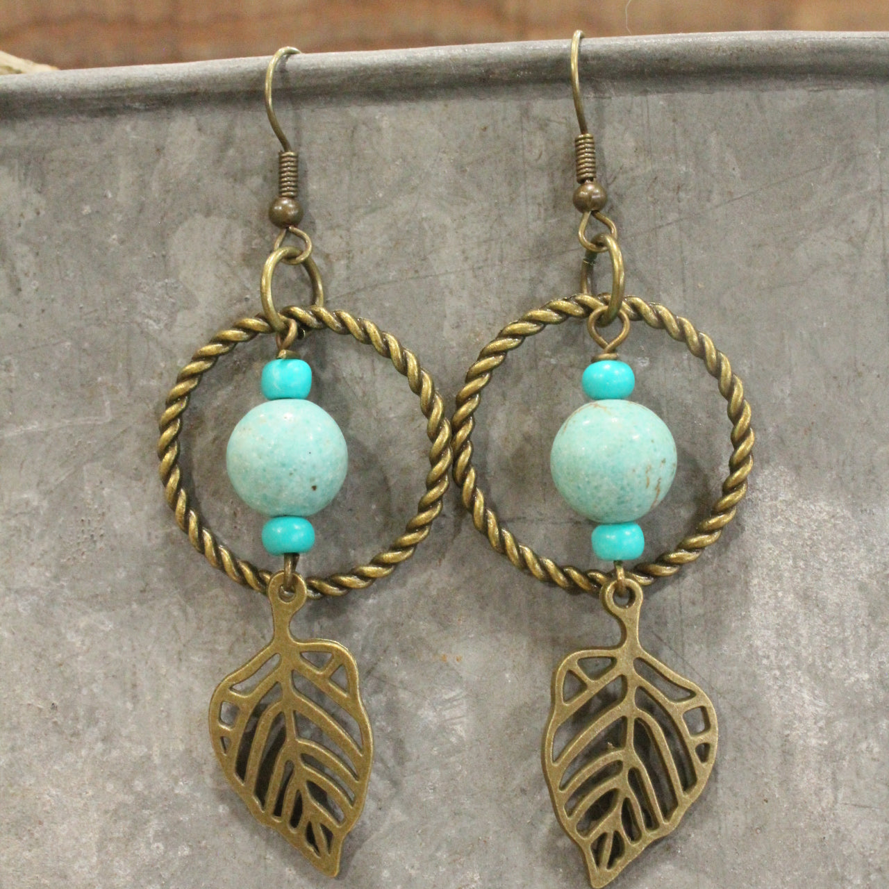 Bronze & Turquoise Fall Leaf Drop Earrings