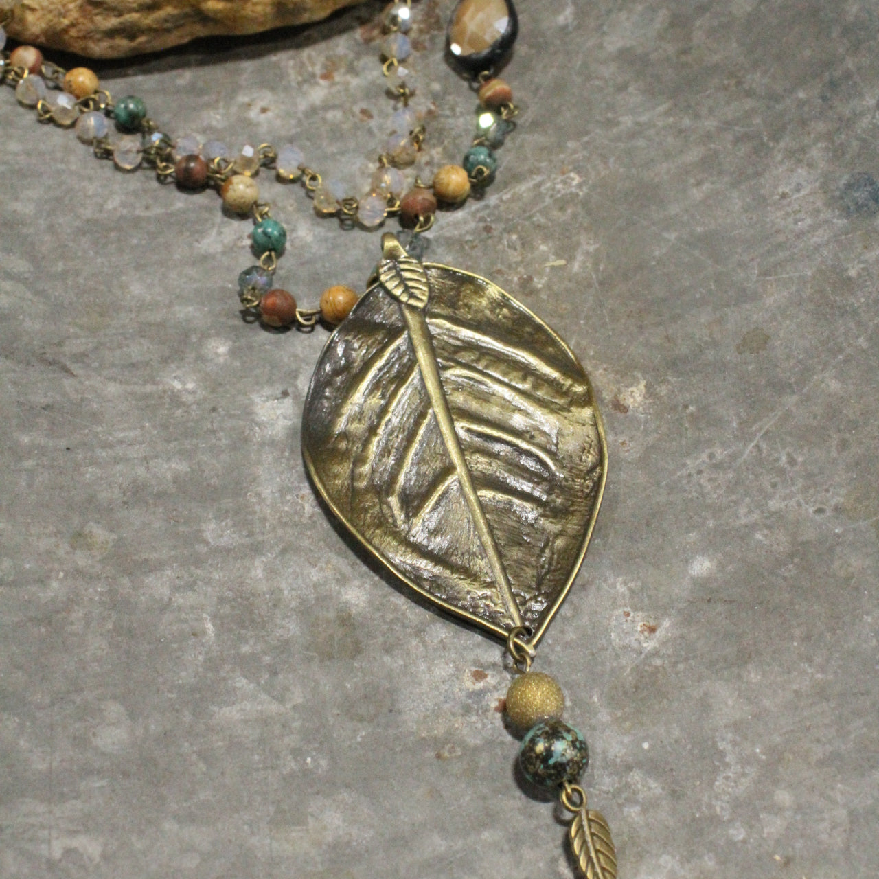 Turquoise Rosary Chain With Tiger Eye Stone & Leaf Drop Necklace