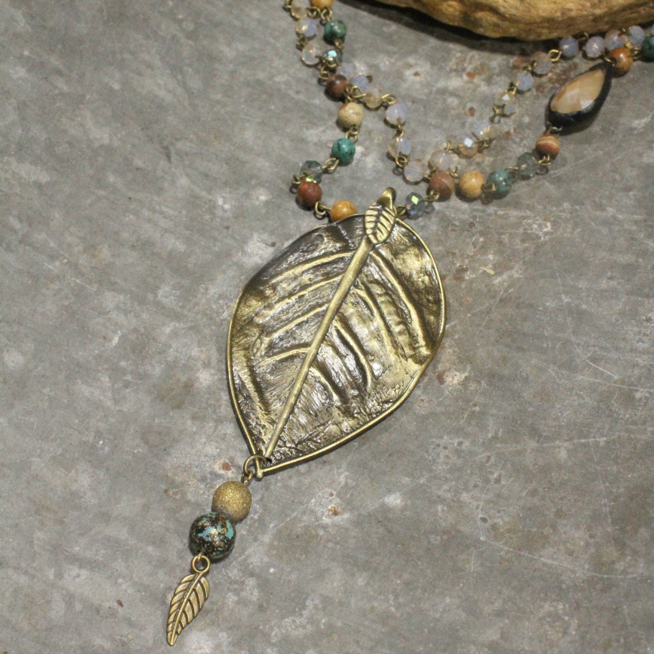 Turquoise Rosary Chain With Tiger Eye Stone & Leaf Drop Necklace