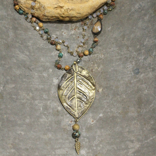 Turquoise Rosary Chain With Tiger Eye Stone & Leaf Drop Necklace