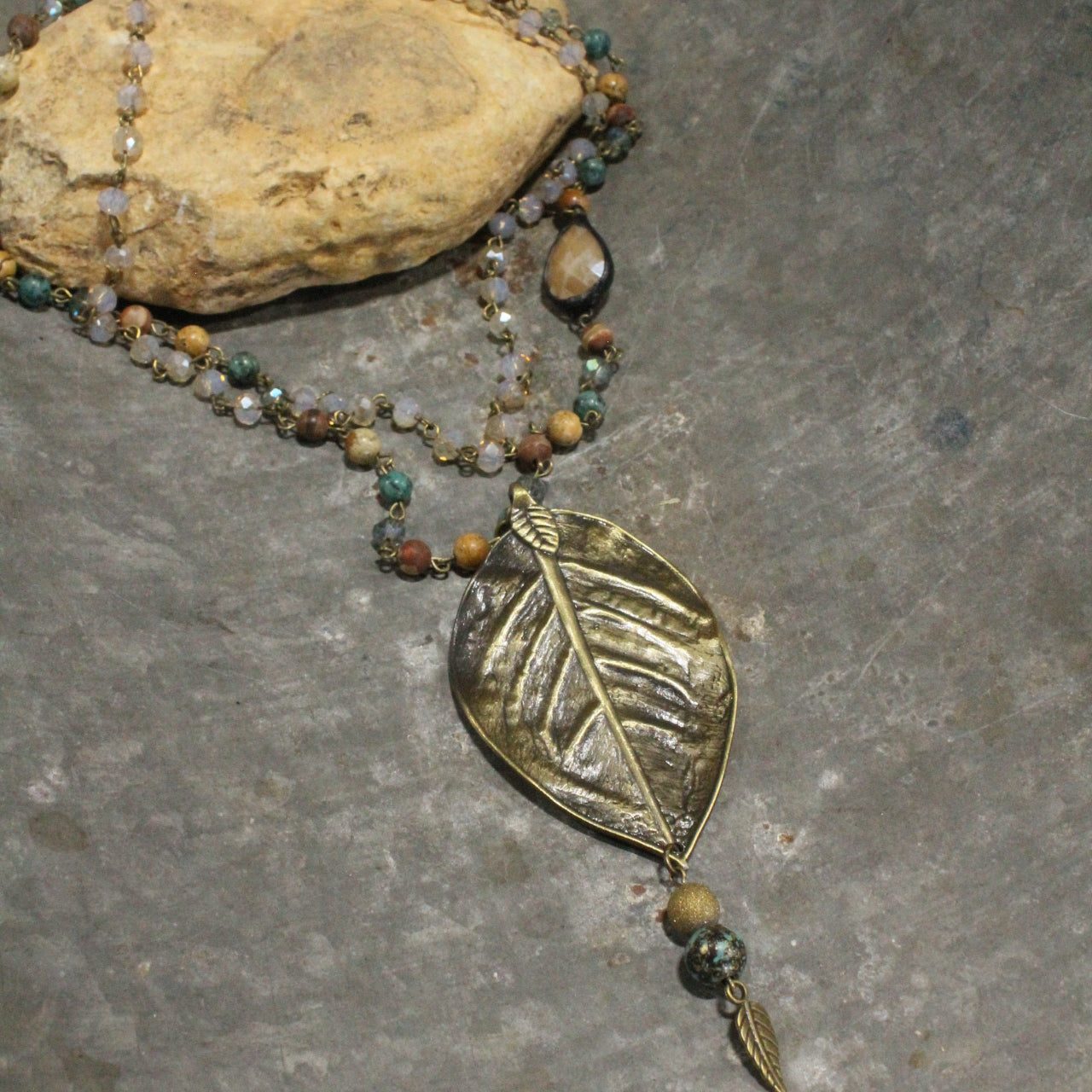 Turquoise Rosary Chain With Tiger Eye Stone & Leaf Drop Necklace