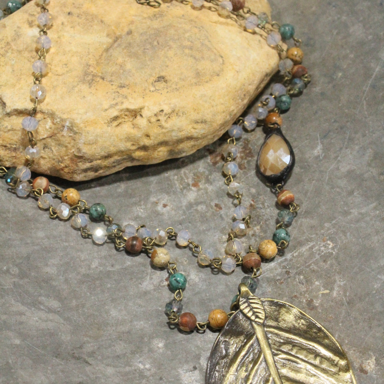 Turquoise Rosary Chain With Tiger Eye Stone & Leaf Drop Necklace