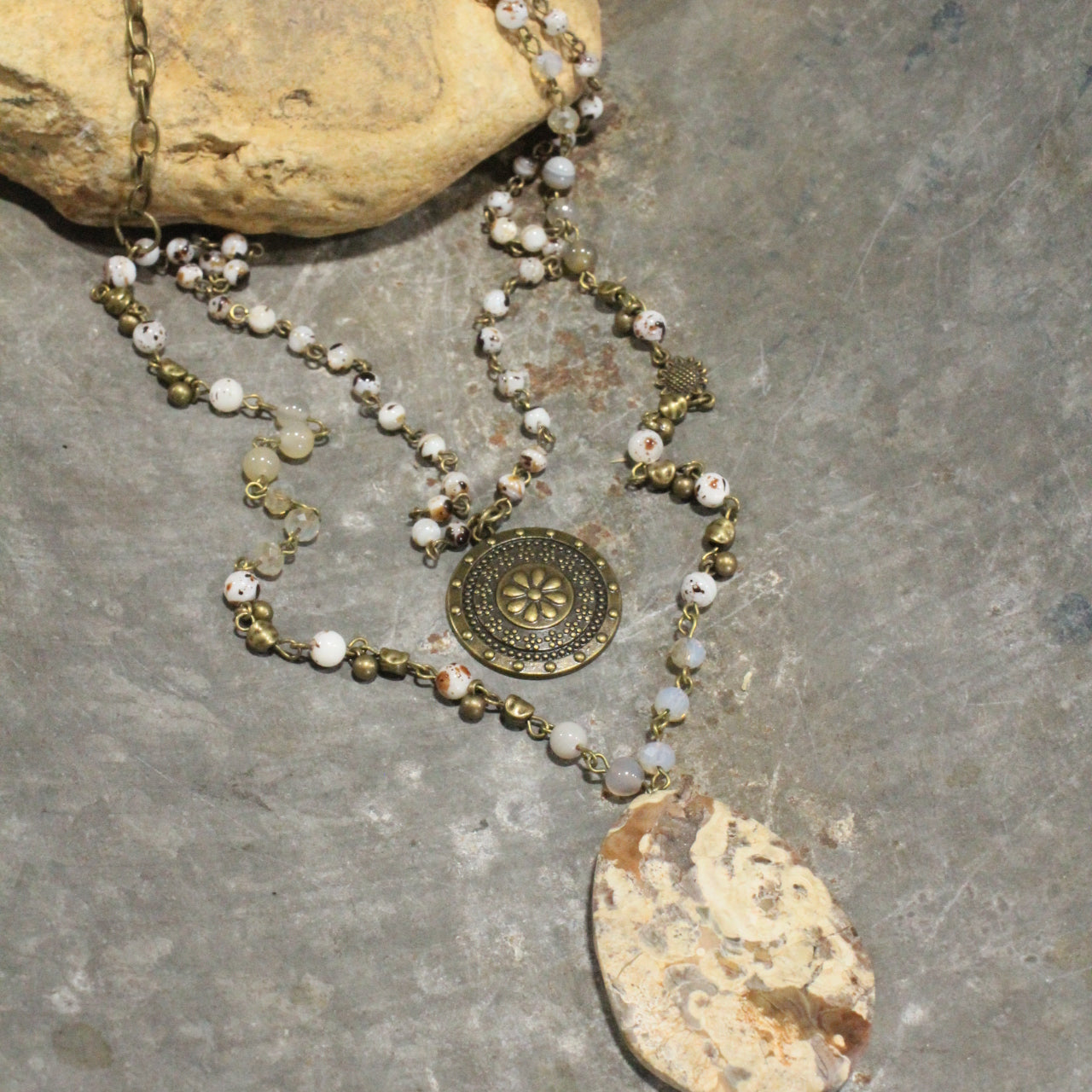 Stone & Crystal Link Chain With Stone Drop Pendant Necklace