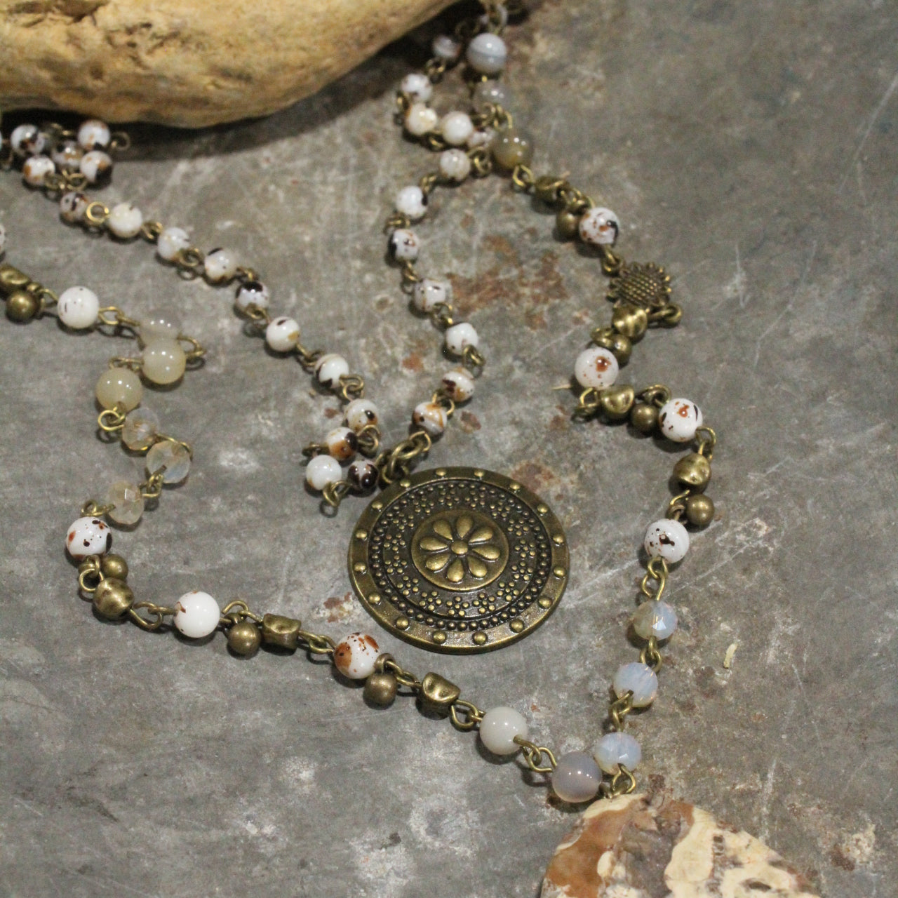 Stone & Crystal Link Chain With Stone Drop Pendant Necklace