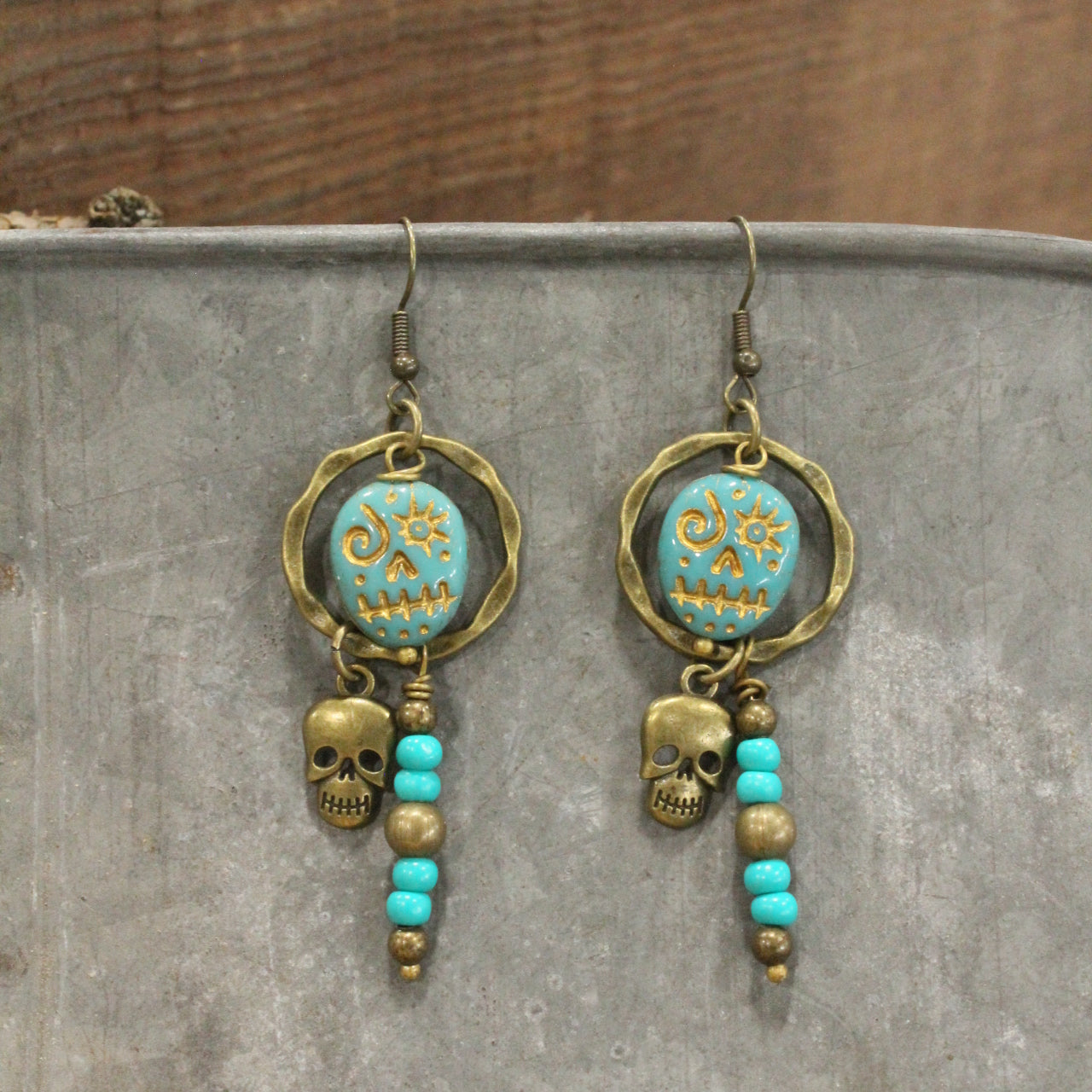 Bronze & Jade Czech Spooky Skull Earrings