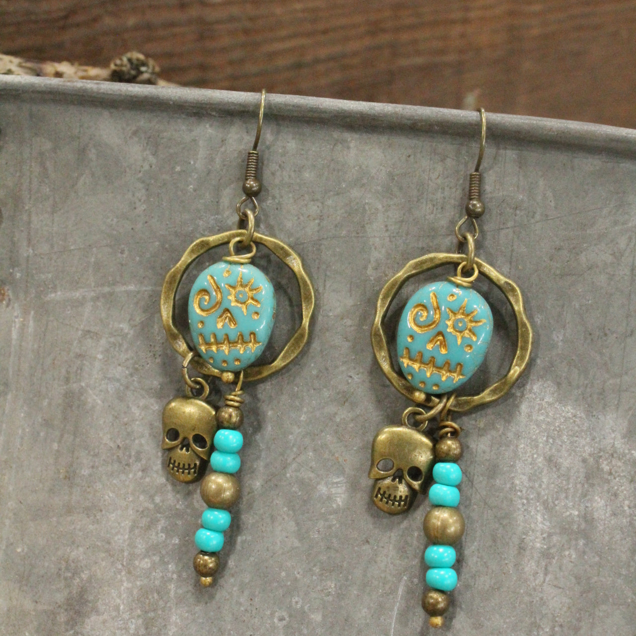 Bronze & Jade Czech Spooky Skull Earrings