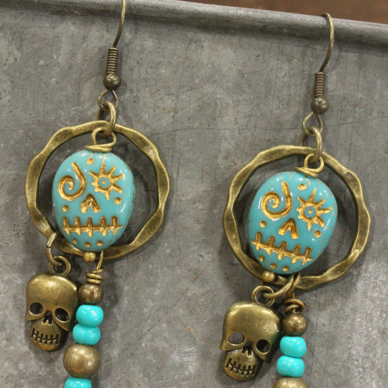 Bronze & Jade Czech Spooky Skull Earrings