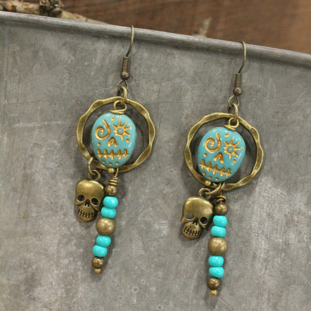 Bronze & Jade Czech Spooky Skull Earrings