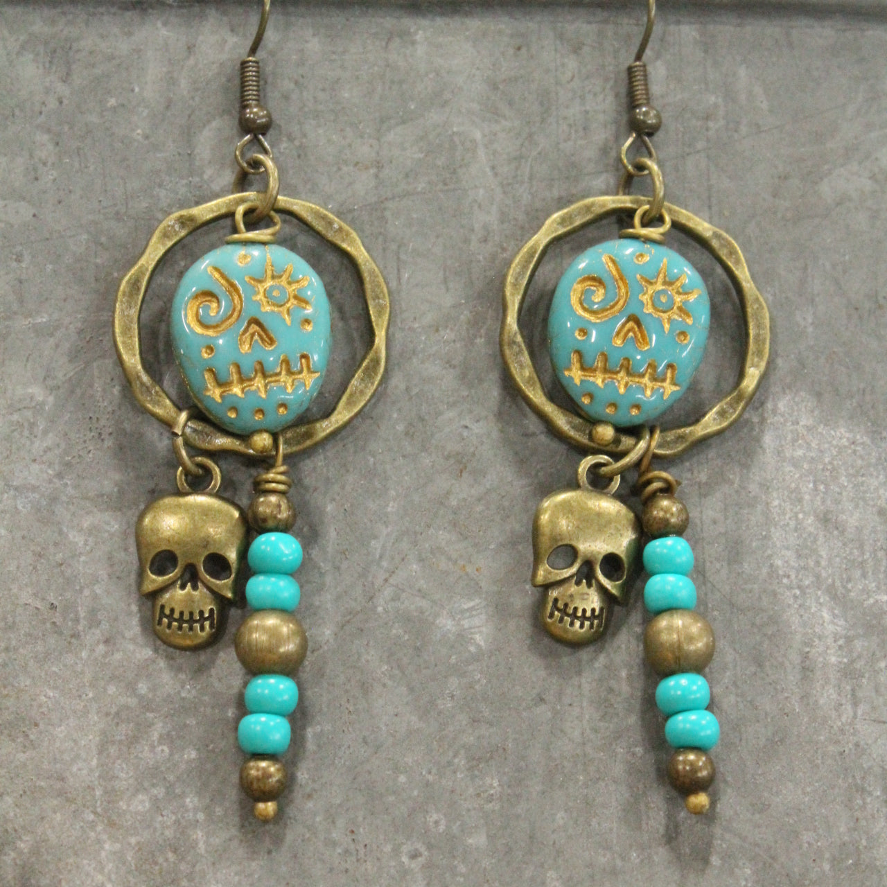 Bronze & Jade Czech Spooky Skull Earrings