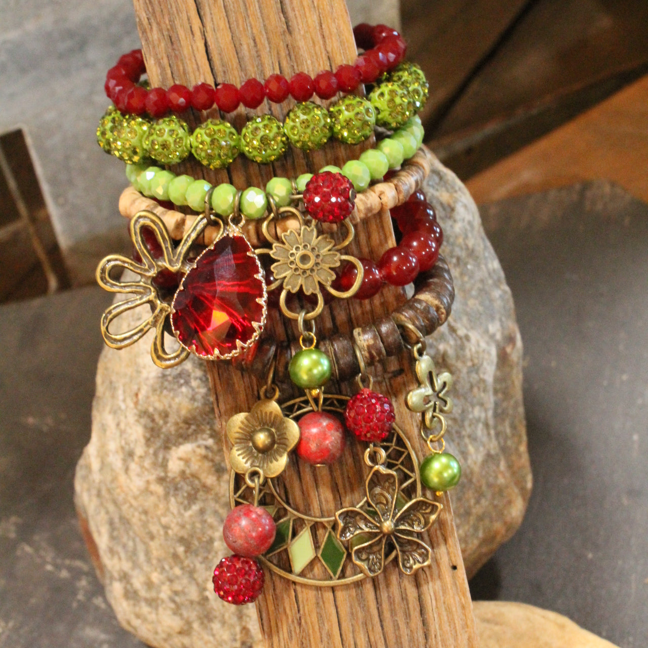 Color Explosion Burnt Red Flower Charm'd Bracelet Set