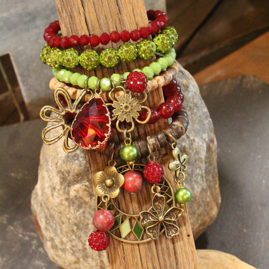 Color Explosion Burnt Red Flower Charm'd Bracelet Set