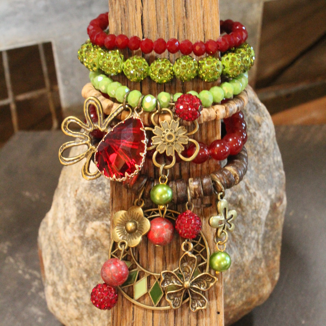 Color Explosion Burnt Red Flower Charm'd Bracelet Set