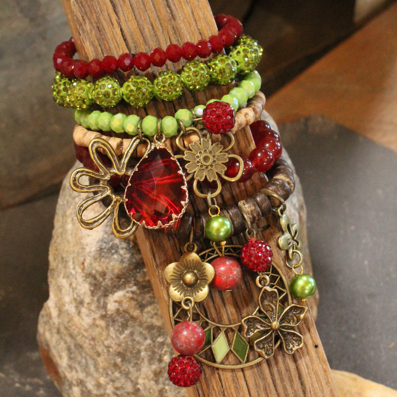 Color Explosion Burnt Red Flower Charm'd Bracelet Set