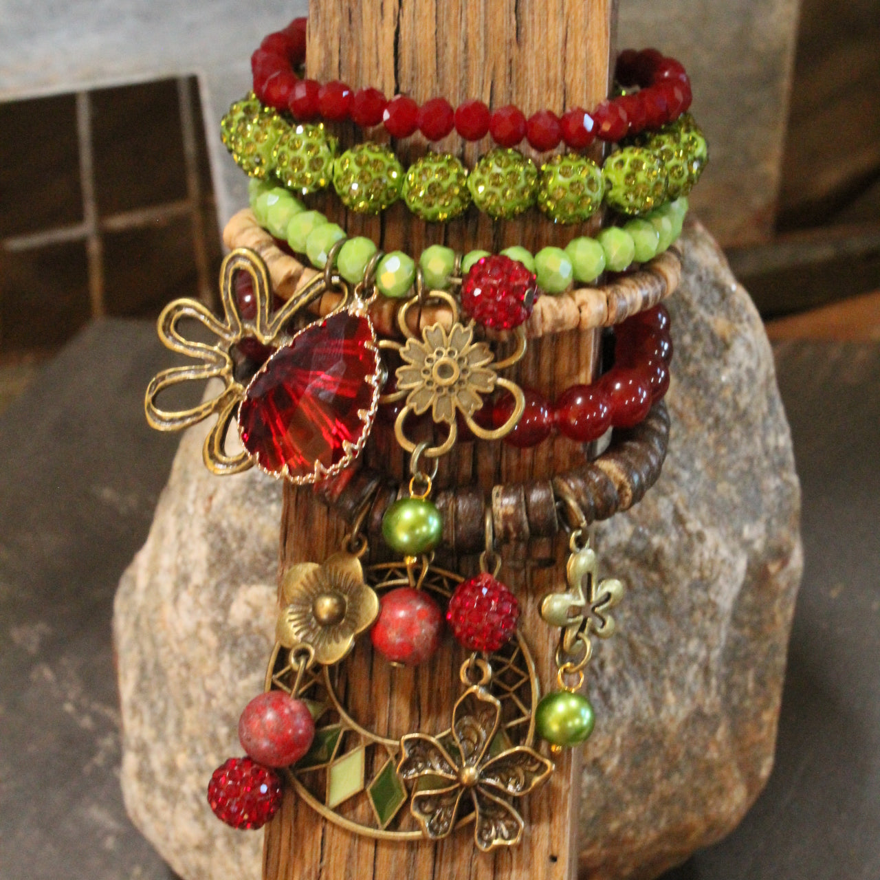 Color Explosion Burnt Red Flower Charm'd Bracelet Set