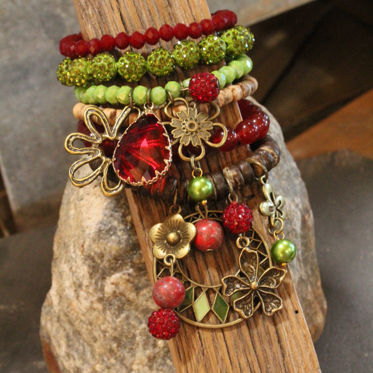 Color Explosion Burnt Red Flower Charm'd Bracelet Set