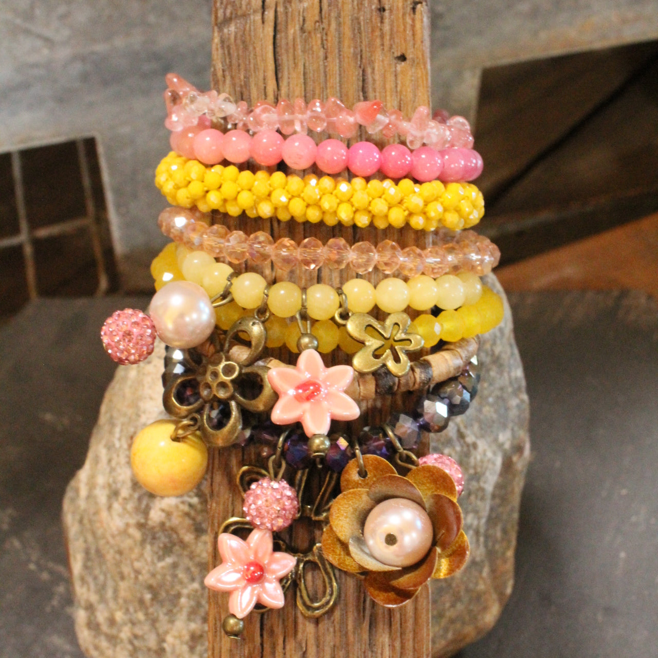Color Explosion Mustard Flower Charm'd Bracelet Set