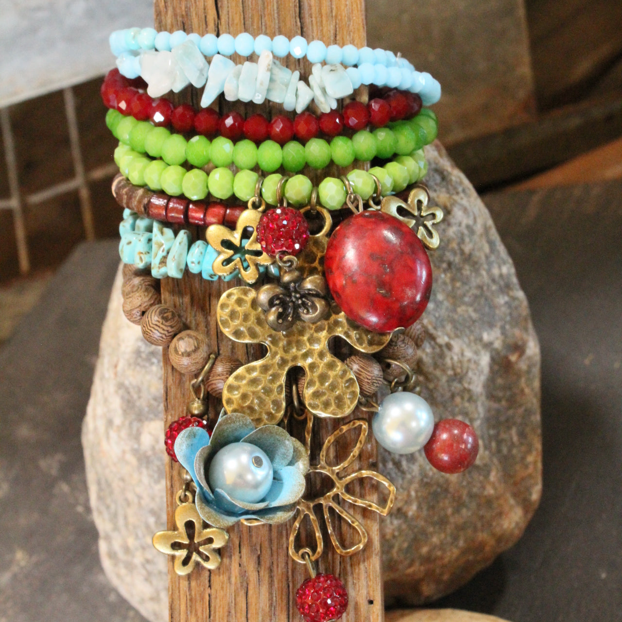 Color Explosion Turquoise Flower Charm'd Bracelet Set