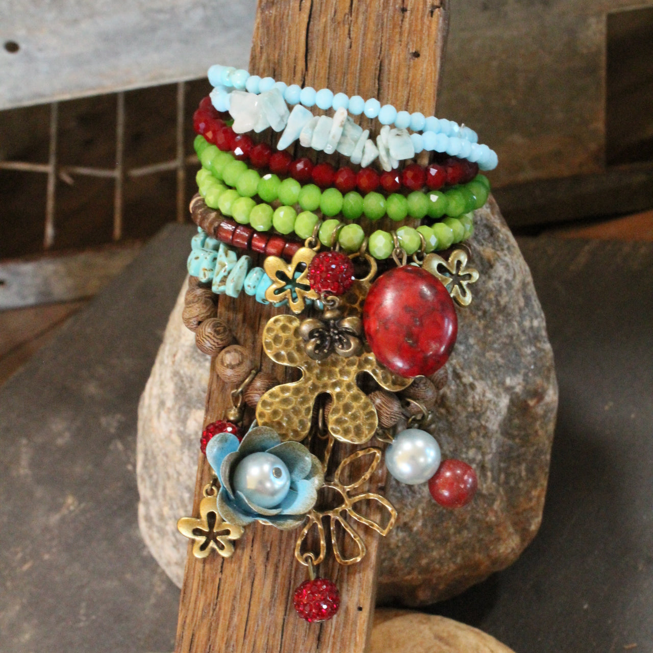 Color Explosion Turquoise Flower Charm'd Bracelet Set
