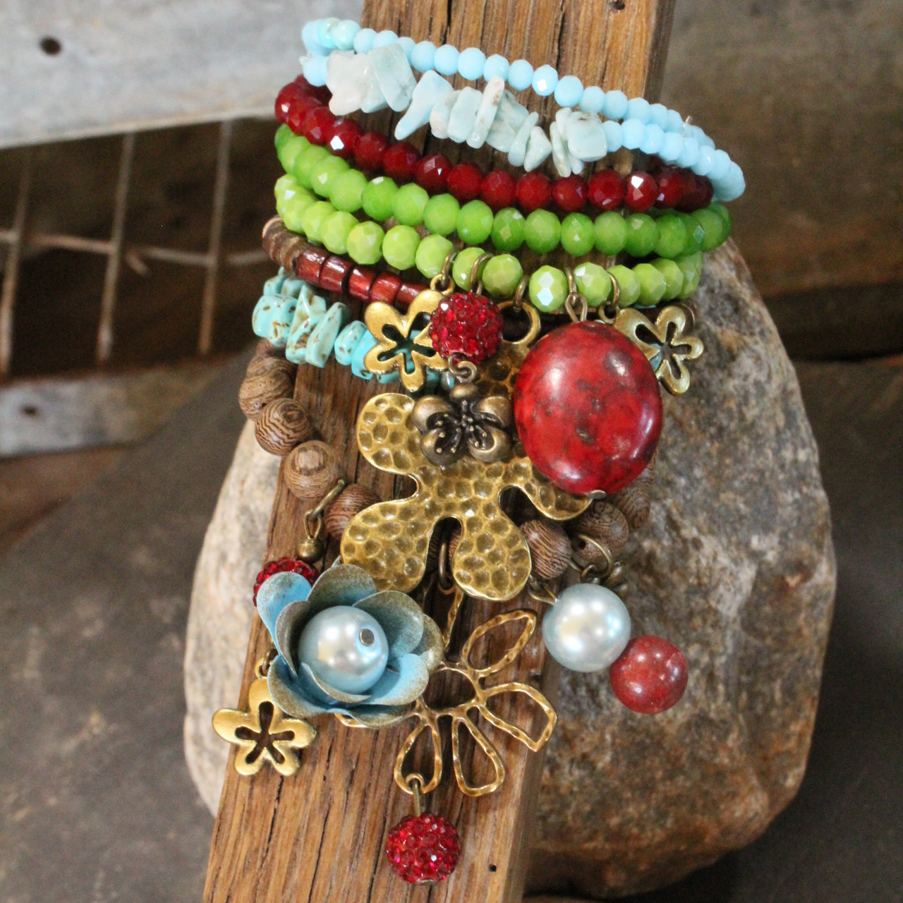 Color Explosion Turquoise Flower Charm'd Bracelet Set