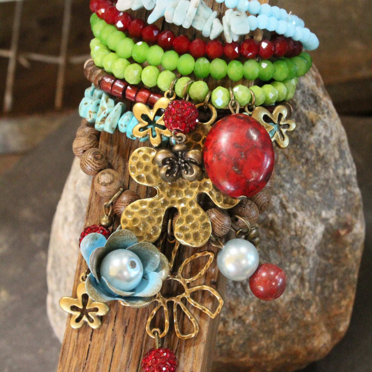 Color Explosion Turquoise Flower Charm'd Bracelet Set
