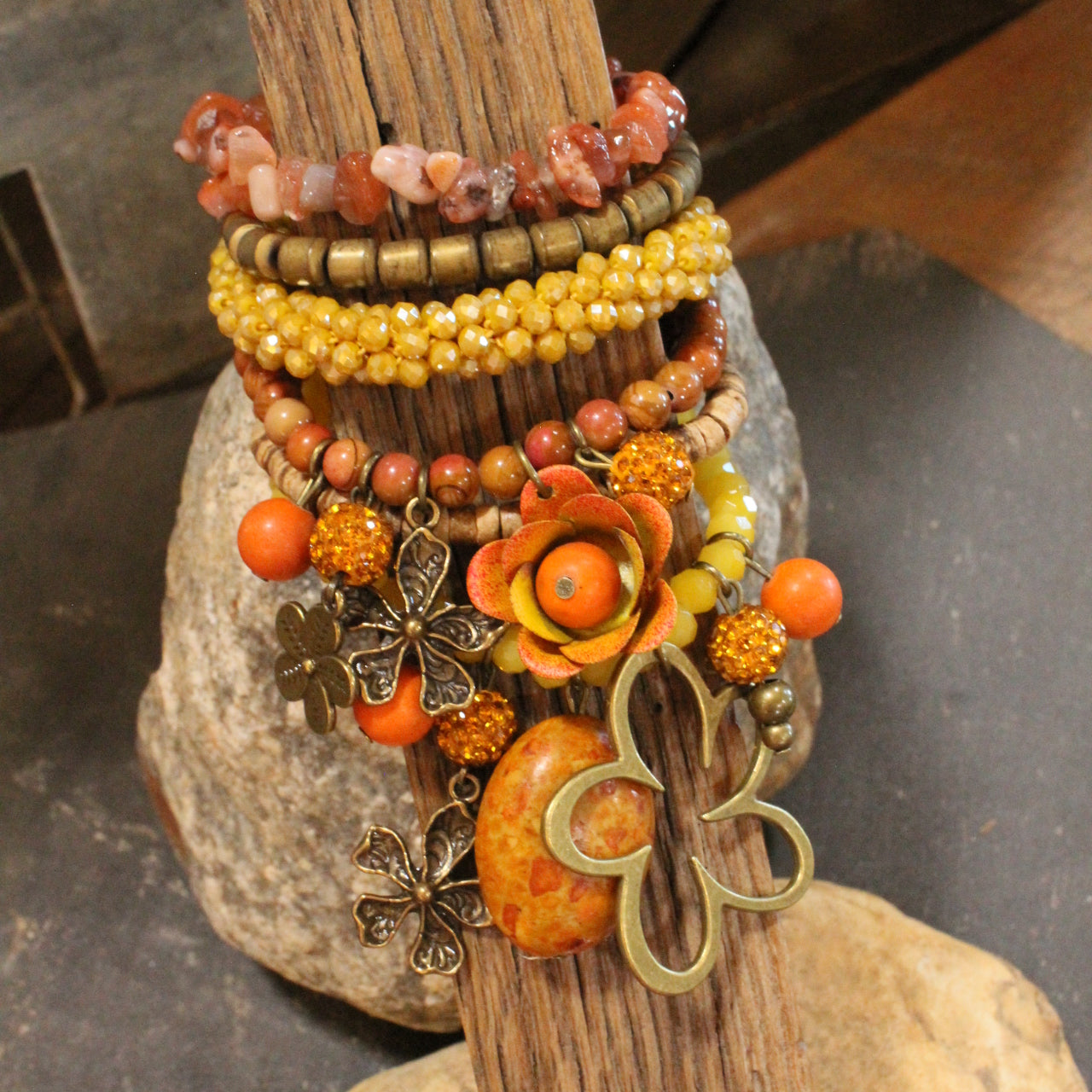 Color Explosion Orange Flower Charm'd Bracelet Set