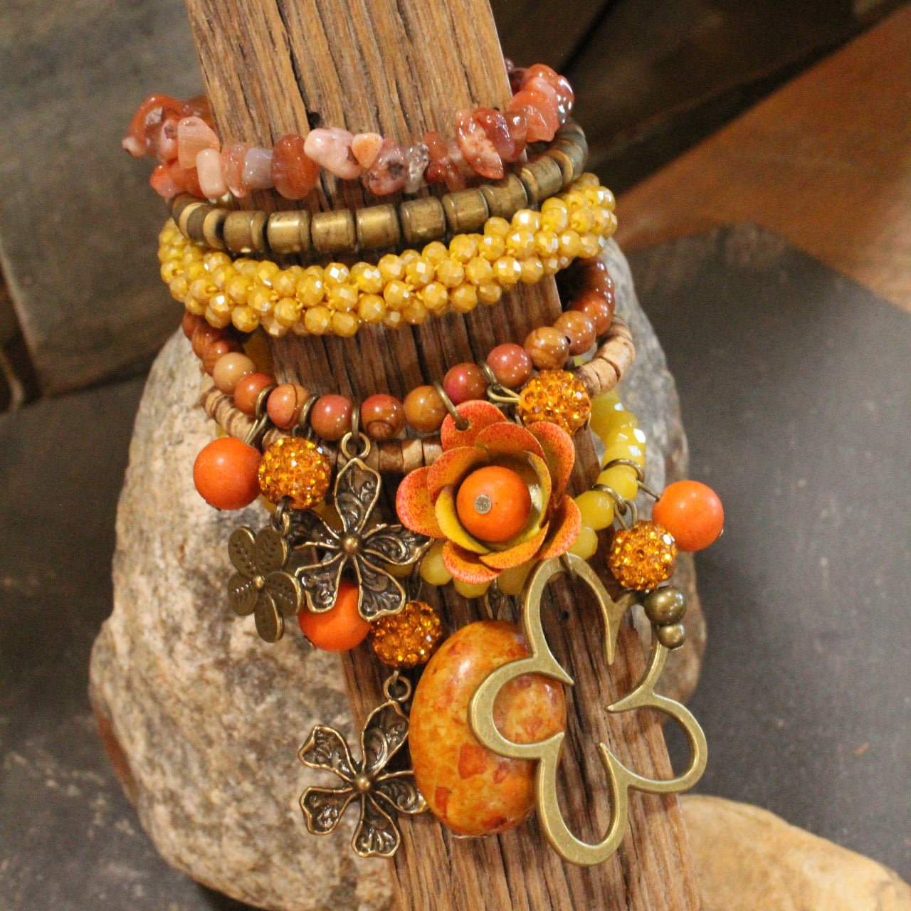 Color Explosion Orange Flower Charm'd Bracelet Set