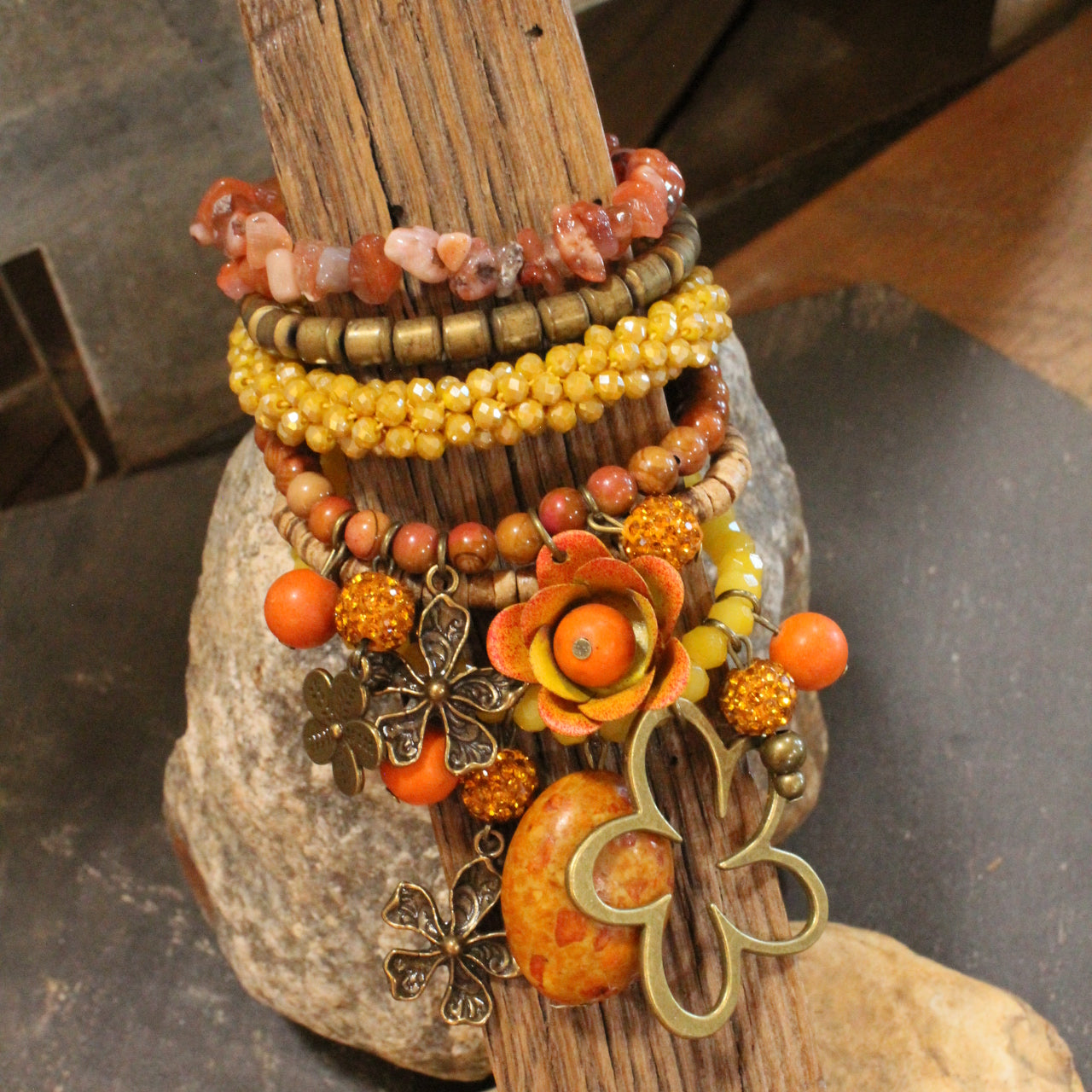 Color Explosion Orange Flower Charm'd Bracelet Set
