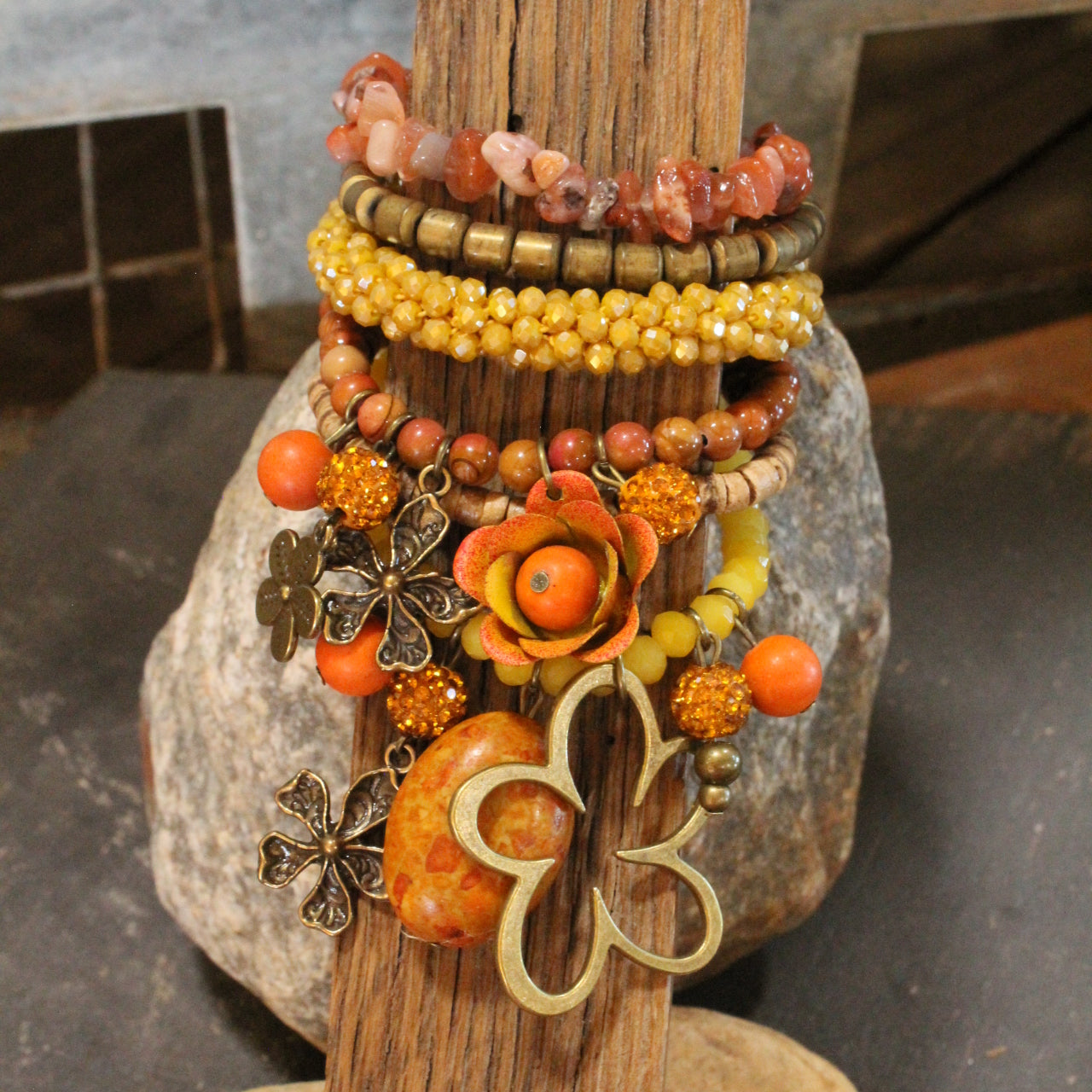 Color Explosion Orange Flower Charm'd Bracelet Set