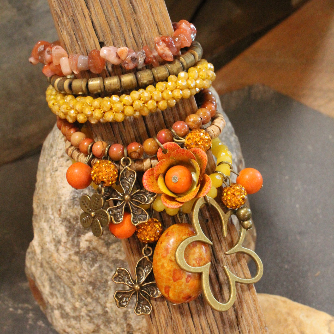 Color Explosion Orange Flower Charm'd Bracelet Set