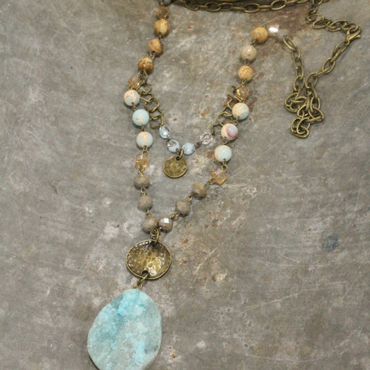 Natural Agate Quartz Druzy Stone & Crystal Necklace