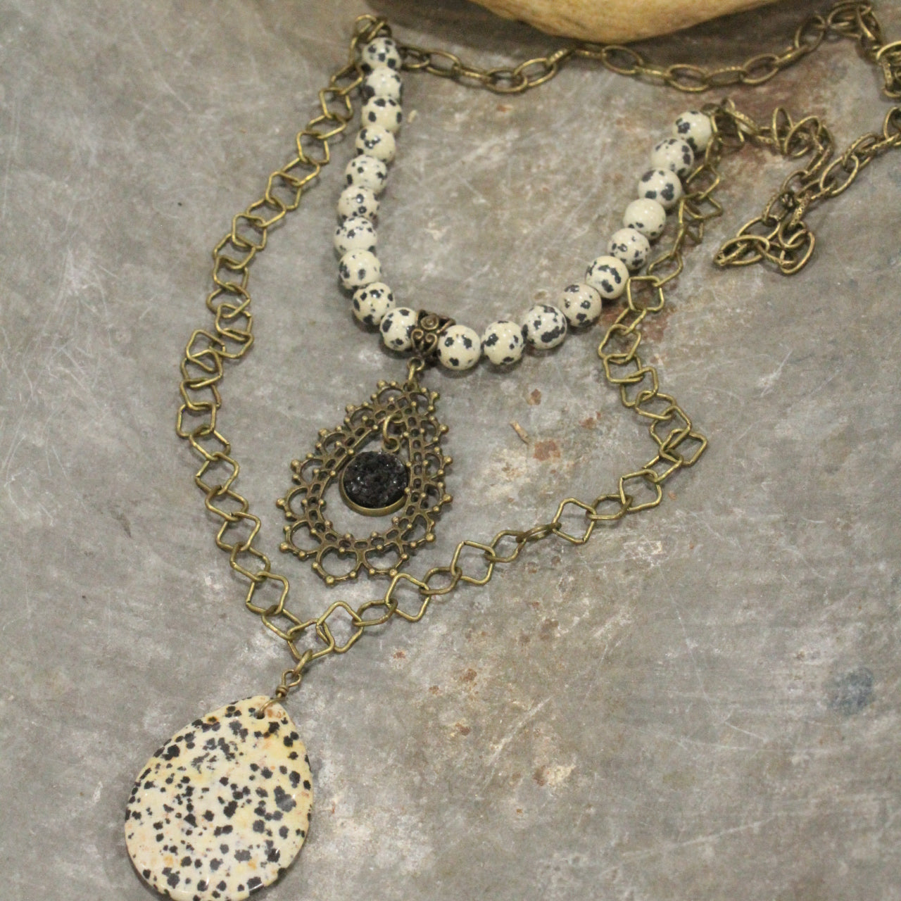 Dalmation Jasper Double Layered Filigree Necklace