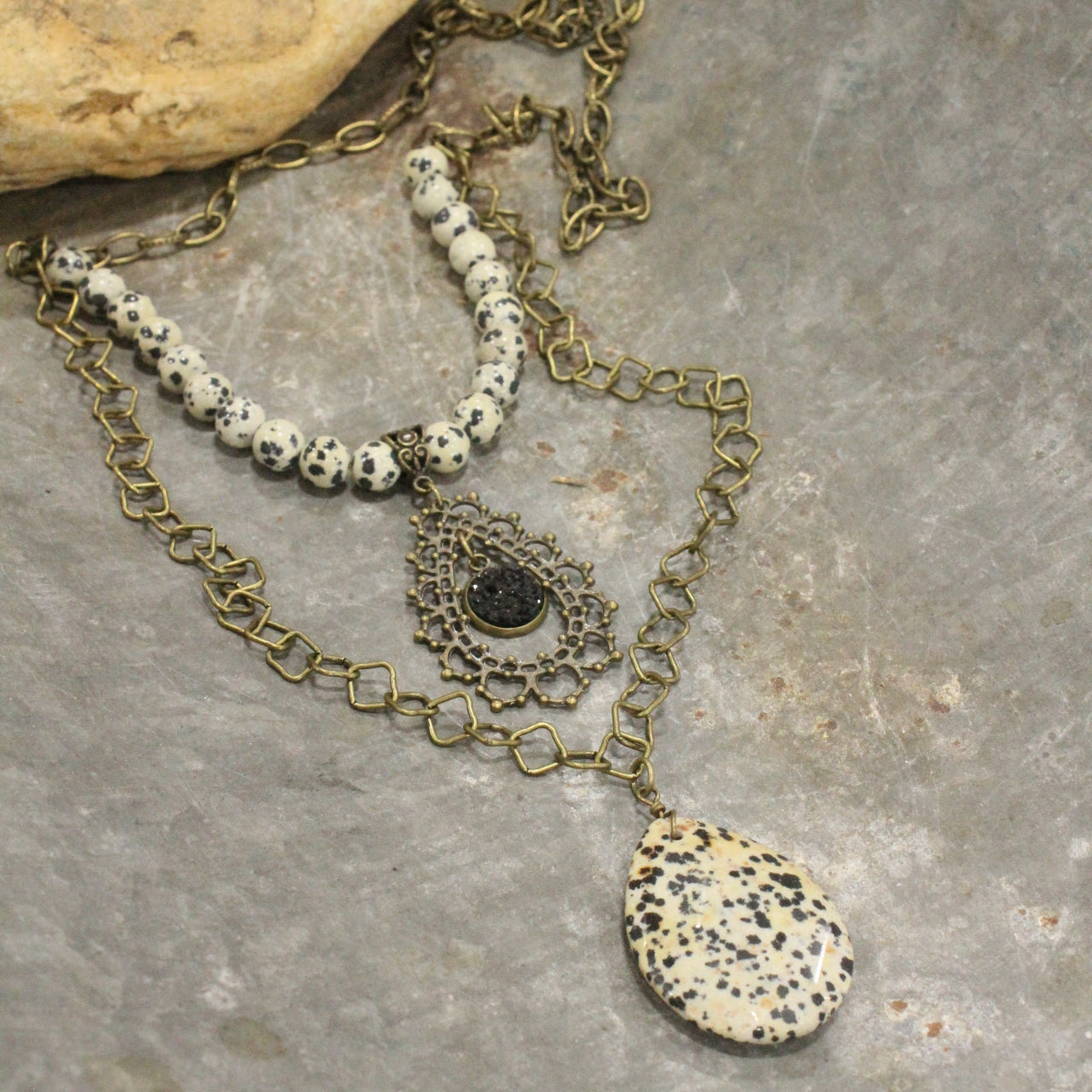 Dalmation Jasper Double Layered Filigree Necklace