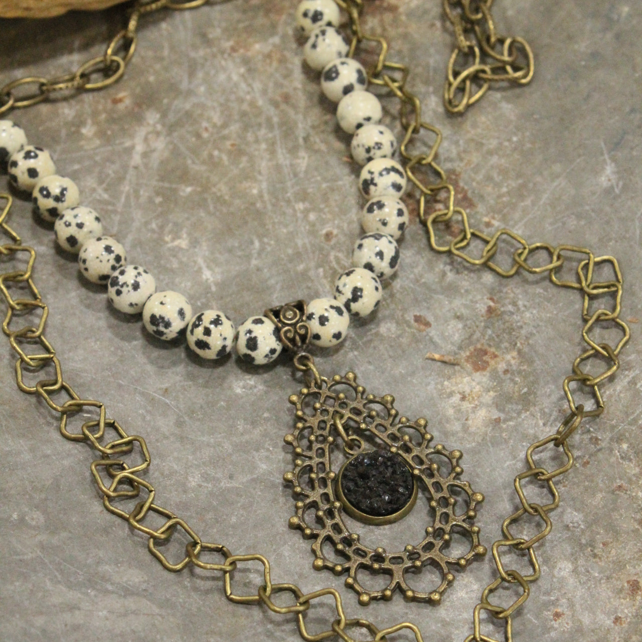 Dalmation Jasper Double Layered Filigree Necklace