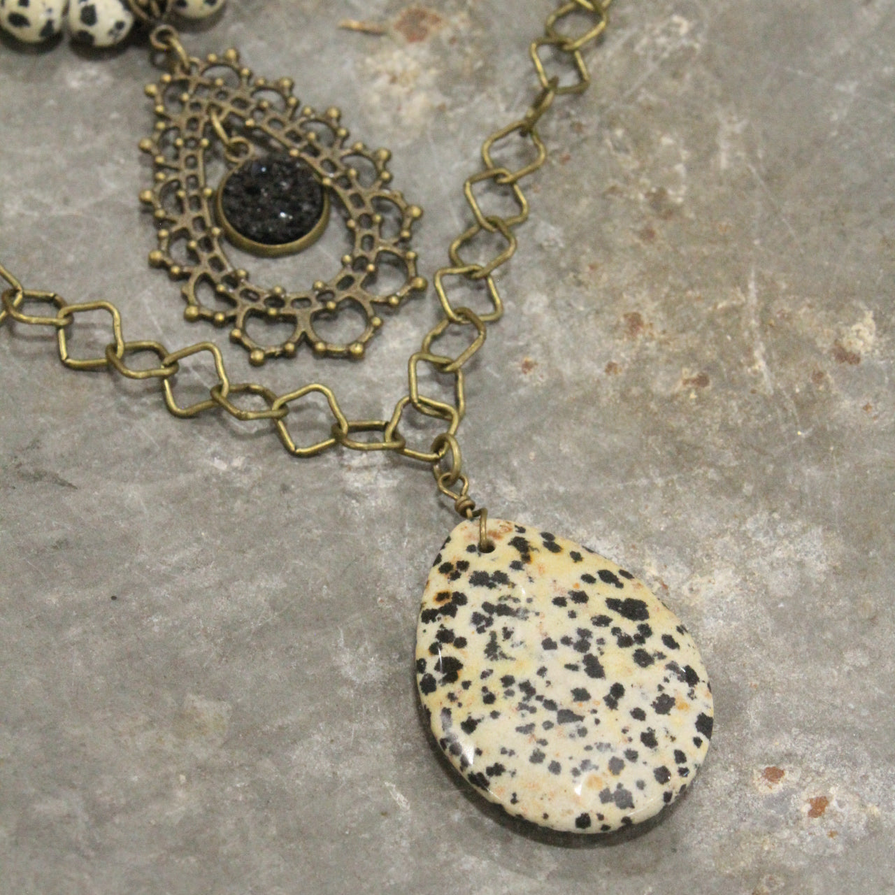 Dalmation Jasper Double Layered Filigree Necklace