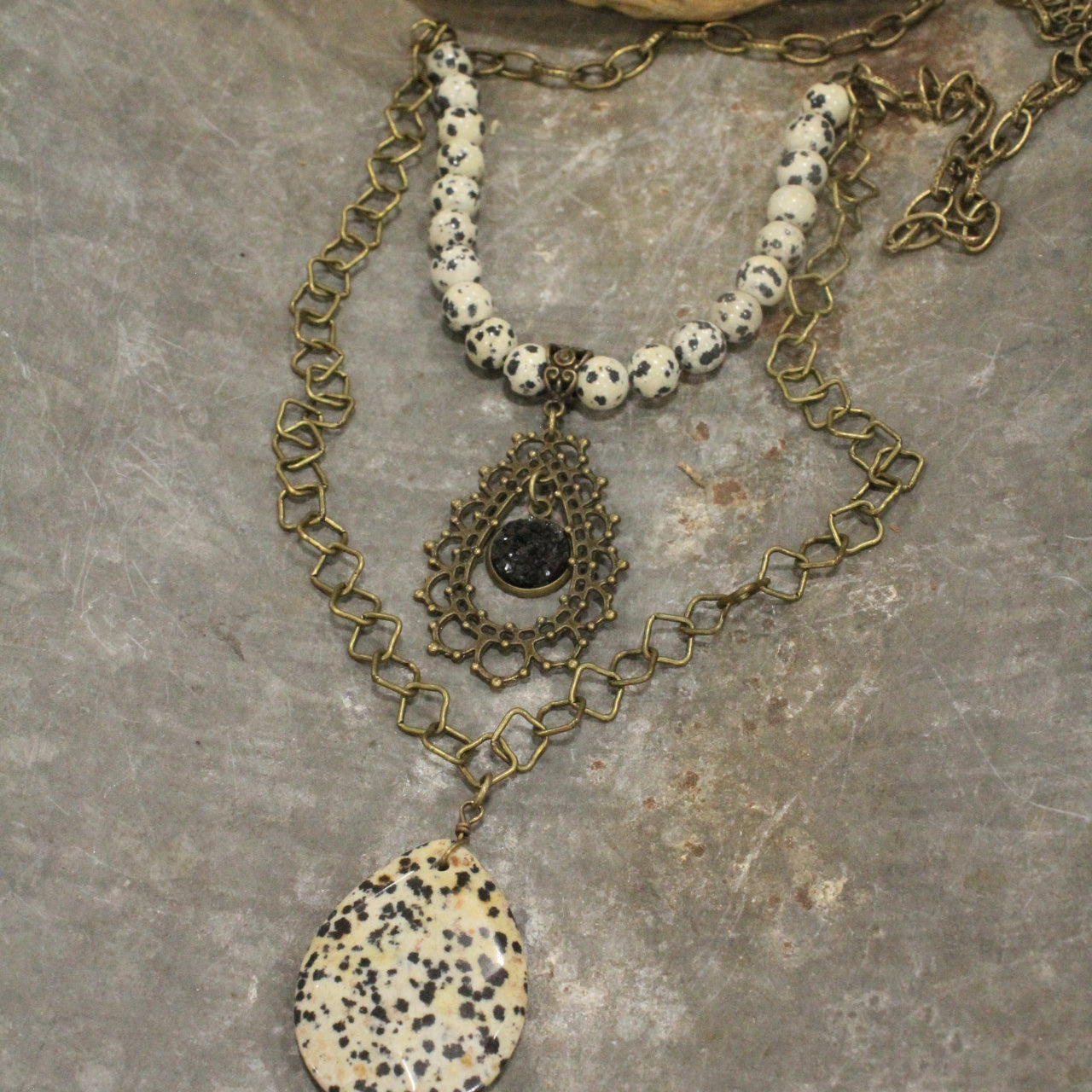 Dalmation Jasper Double Layered Filigree Necklace