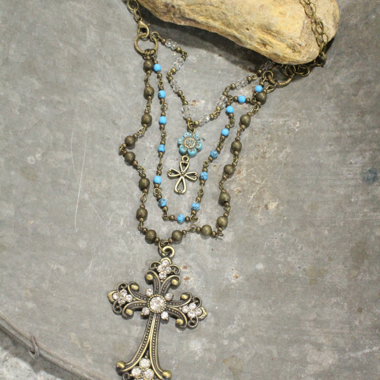 Vintage Bronze Cross Denim Czech Pendant Layered Necklace